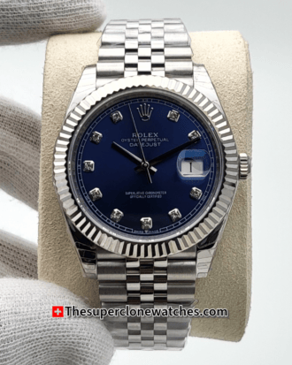 Rolex Datejust Oystersteel and White Gold Bright Blue with Diamonds Set Dial Exact 1:1 Super Clone 3235 Swiss Movement Replica Watch Ref-126334