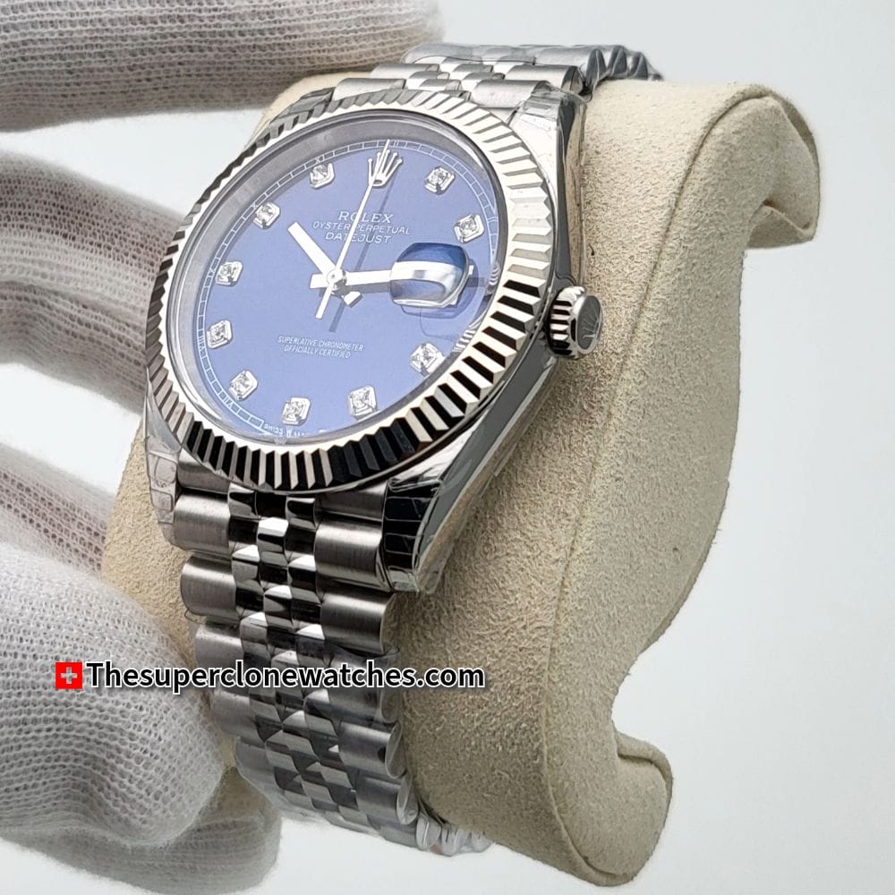 Rolex Datejust Oystersteel and White Gold Bright Blue with Diamonds Set Dial Exact 1:1 Super Clone 3235 Swiss Movement Replica Watch Ref-126334