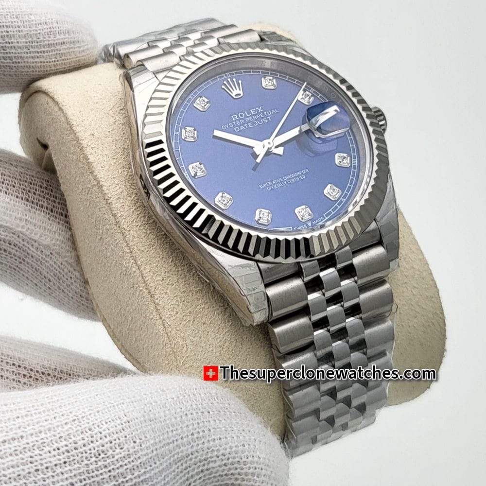 Rolex Datejust Oystersteel and White Gold Bright Blue with Diamonds Set Dial Exact 1:1 Super Clone 3235 Swiss Movement Replica Watch Ref-126334