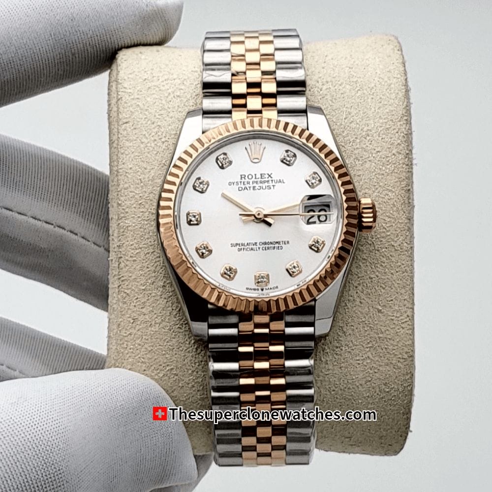 Rolex Datejust Oystersteel and Everose gold Diamonds Set Silver Dial 31mm Exact 1:1 Top Quality Replica Super Clone Swiss ETA 2236 Automatic Movement Watch Ref-278271