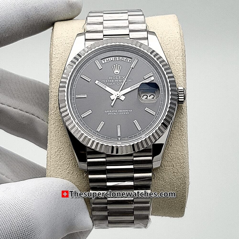 Rolex Day-Date Oyster White Gold Slate Dial Exact 1:1 Super Clone 3255 Swiss Movement Replica Watch Ref-228239